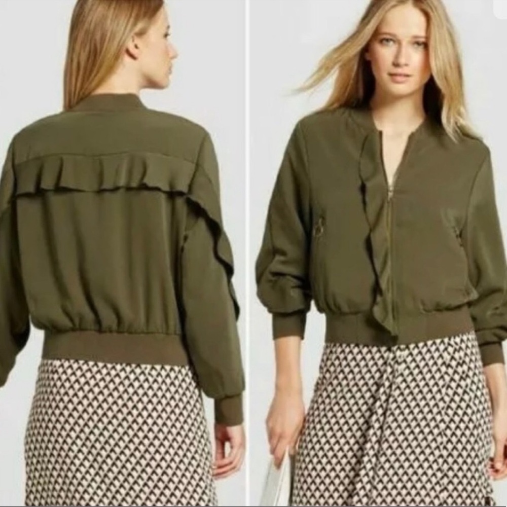Who What Wear Olive Green Ruffle Bomber Jacket